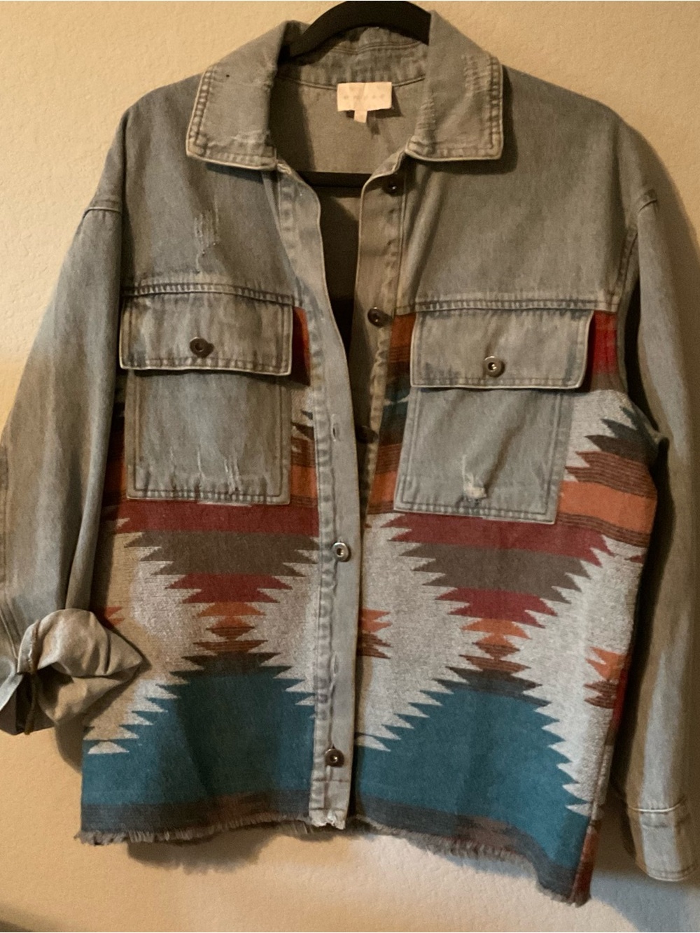 Denim Aztec Print Shacket with Teal & Rust Panels